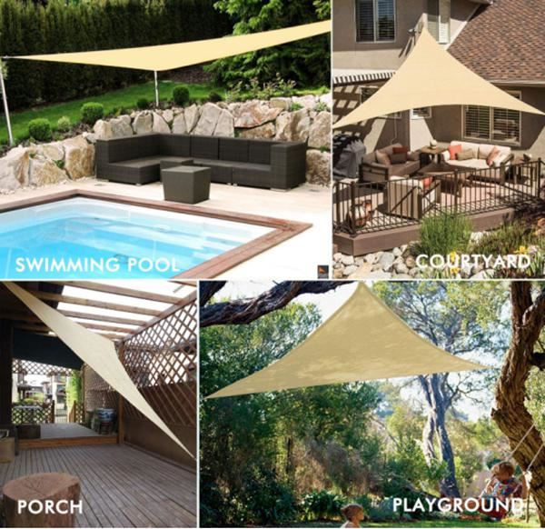 shade sail tam giác polyester chống UV không thấm nước màu be sân vườn